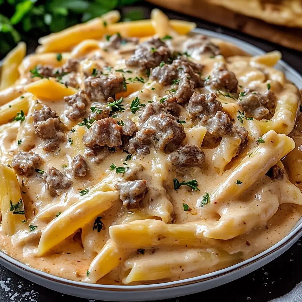 HIGH PROTEIN CREAMY BEEF PASTA centered hero view, clean and uncluttered