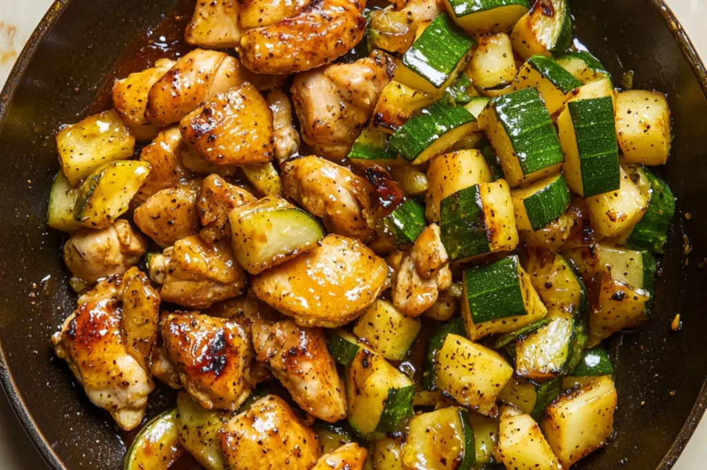 HONEY GARLIC CHICKEN AND ZUCCHINI SKILLET centered hero view, clean and uncluttered