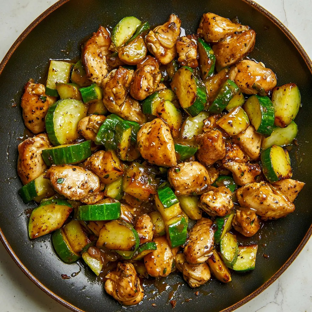 Honey Garlic Chicken and Zucchini Skillet Easy Weeknight Dinner 3 HONEY GARLIC CHICKEN AND ZUCCHINI SKILLET centered hero view, clean and uncluttered