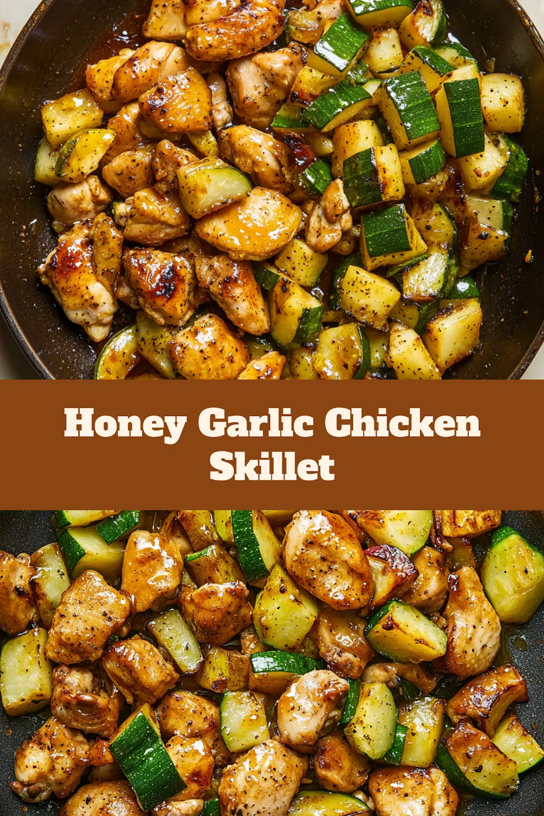 Honey Garlic Chicken and Zucchini Skillet Easy Weeknight Dinner 4 HONEY GARLIC CHICKEN AND ZUCCHINI SKILLET centered hero view, clean and uncluttered_pin