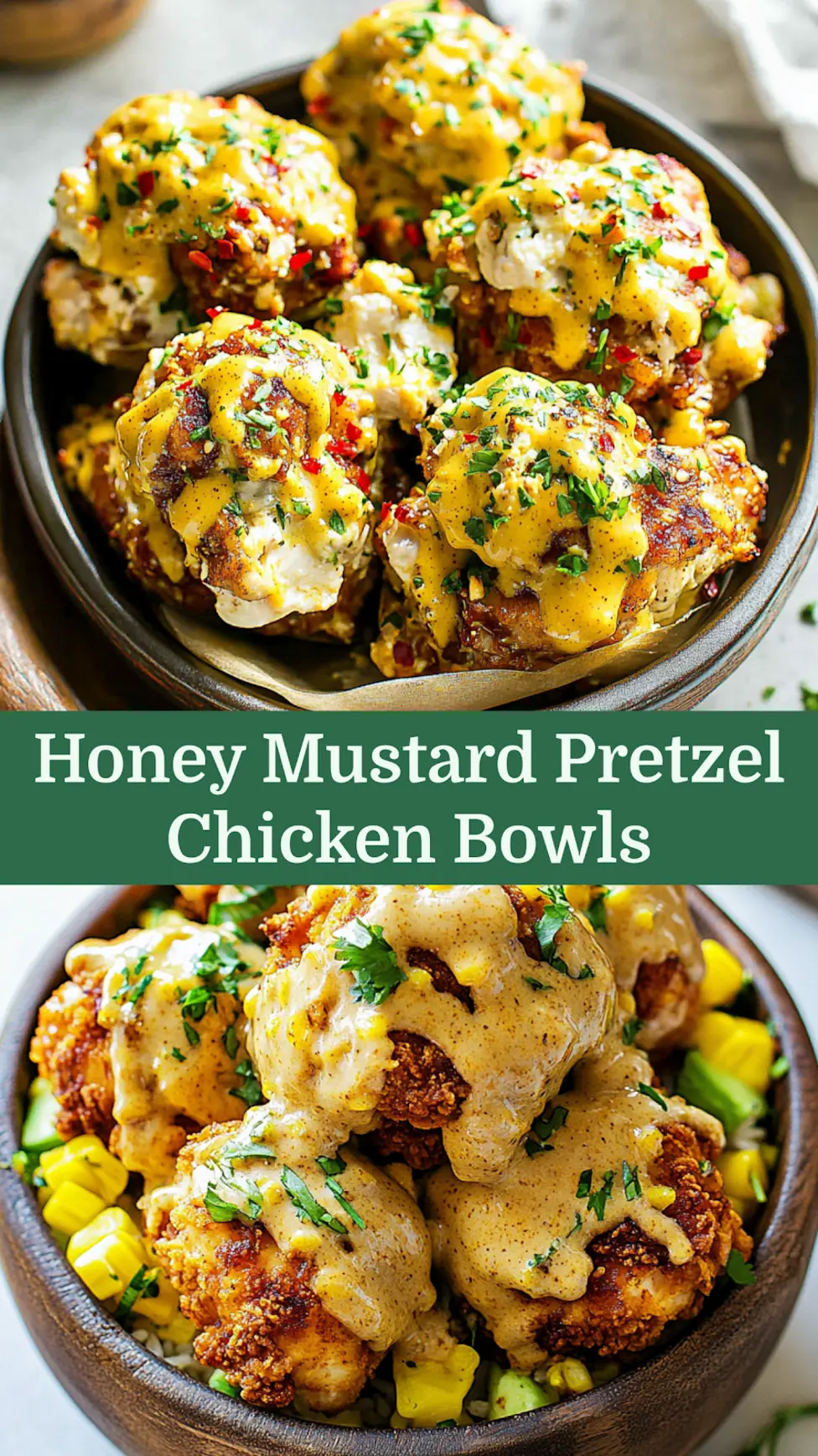 Honey Mustard Pretzel Chicken Bowls with golden crispy chicken, fresh vegetables, and tangy sauce