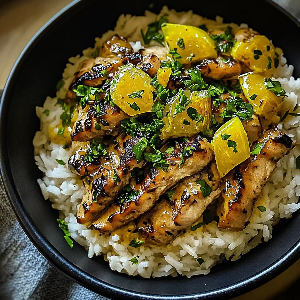 Honey mustard chicken with rice on a plate, golden glazed chicken strips over fluffy white rice