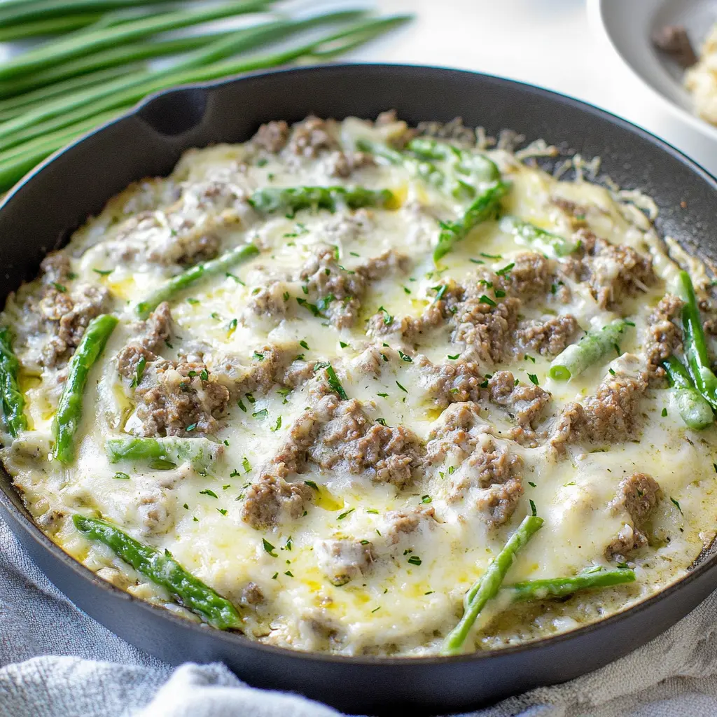 KETO GROUND BEEF SKILLET EASTER DINNER centered hero view, clean and uncluttered