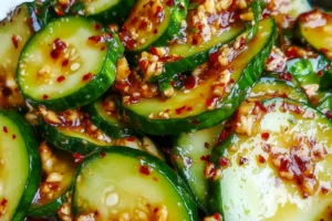 KOREAN CUCUMBER SALAD centered hero view, clean and uncluttered