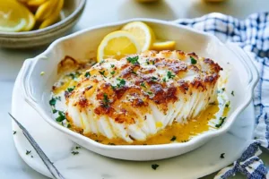 LEMON BUTTER COD RECIPE centered hero view, clean and uncluttered