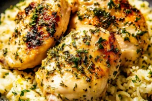 LEMON HERB CHICKEN AND RICE centered hero view, clean and uncluttered