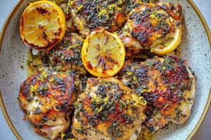LEMON HERB ROASTED CHICKEN THIGHS recipe, served and ready to eat, easy homemade dinner