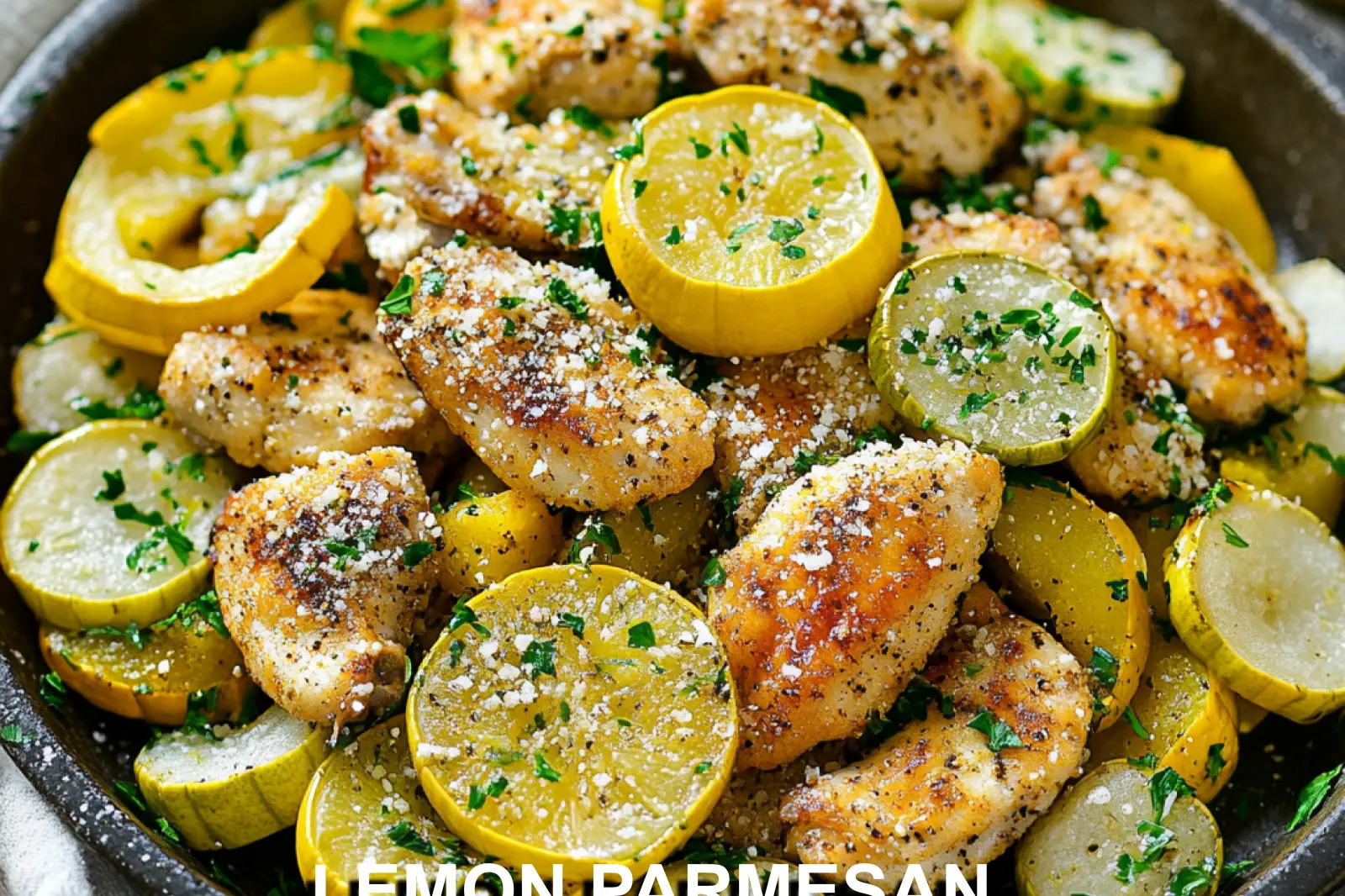 LEMON PARMESAN CHICKEN ZUCCHINI AND SQUASH centered hero view, clean and uncluttered