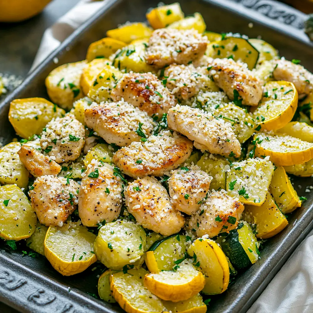 Lemon Parmesan Chicken Zucchini and Squash plated in a skillet with fresh herbs