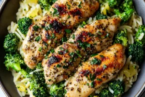 Lemon Pepper Chicken Broccoli Orzo Easy Weeknight Dinner LEMON PEPPER CHICKEN BROCCOLI ORZO centered hero view, clean and uncluttered