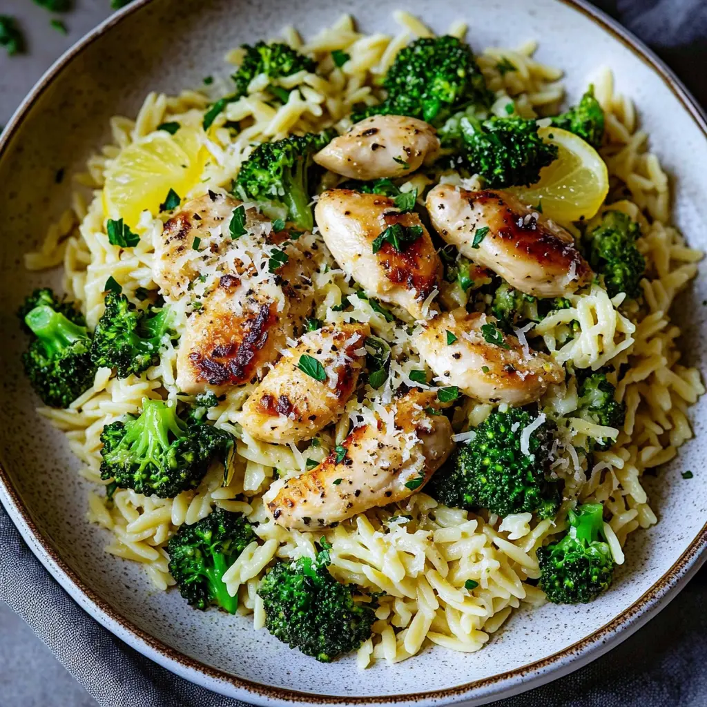 Lemon pepper chicken broccoli orzo in a skillet with bright green vegetables and tender pasta