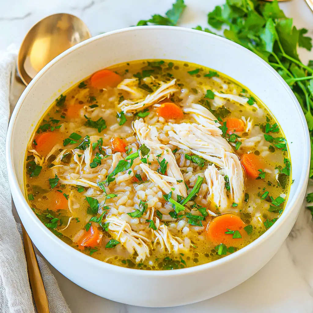 Light Chicken Rice Soup in a white bowl with tender chicken, rice, and vegetables in golden broth