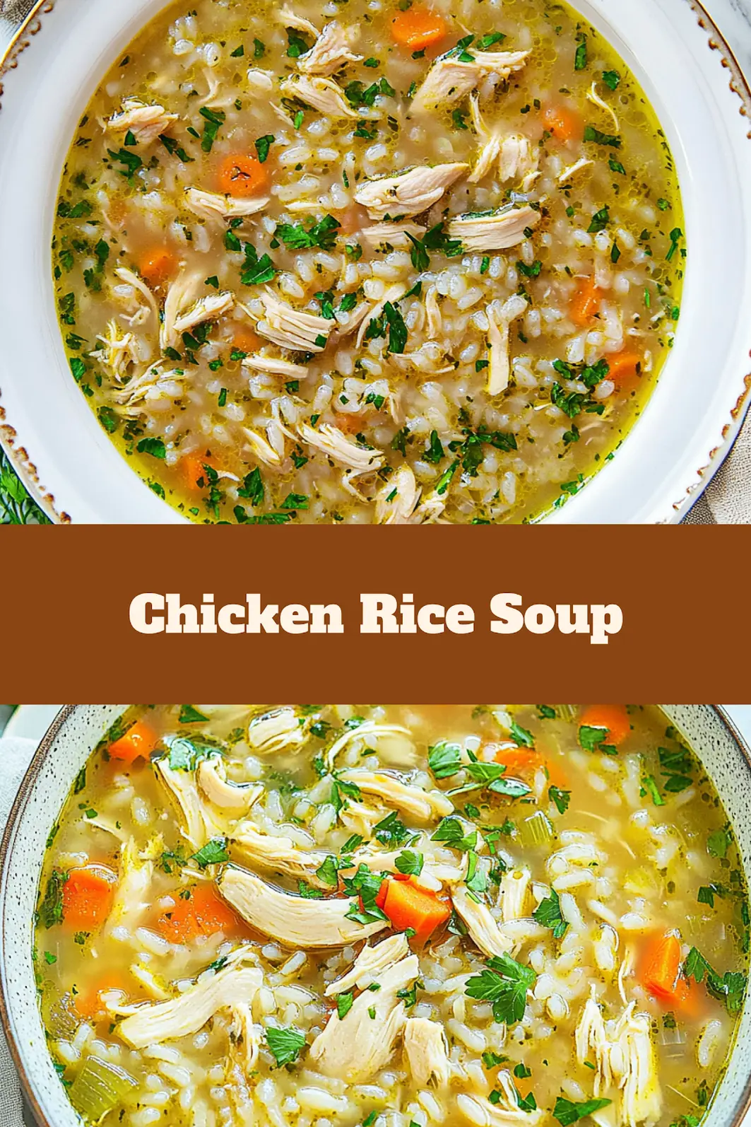 Light Chicken Rice Soup in bowl with spoon, ready to serve, Pinterest style vertical image