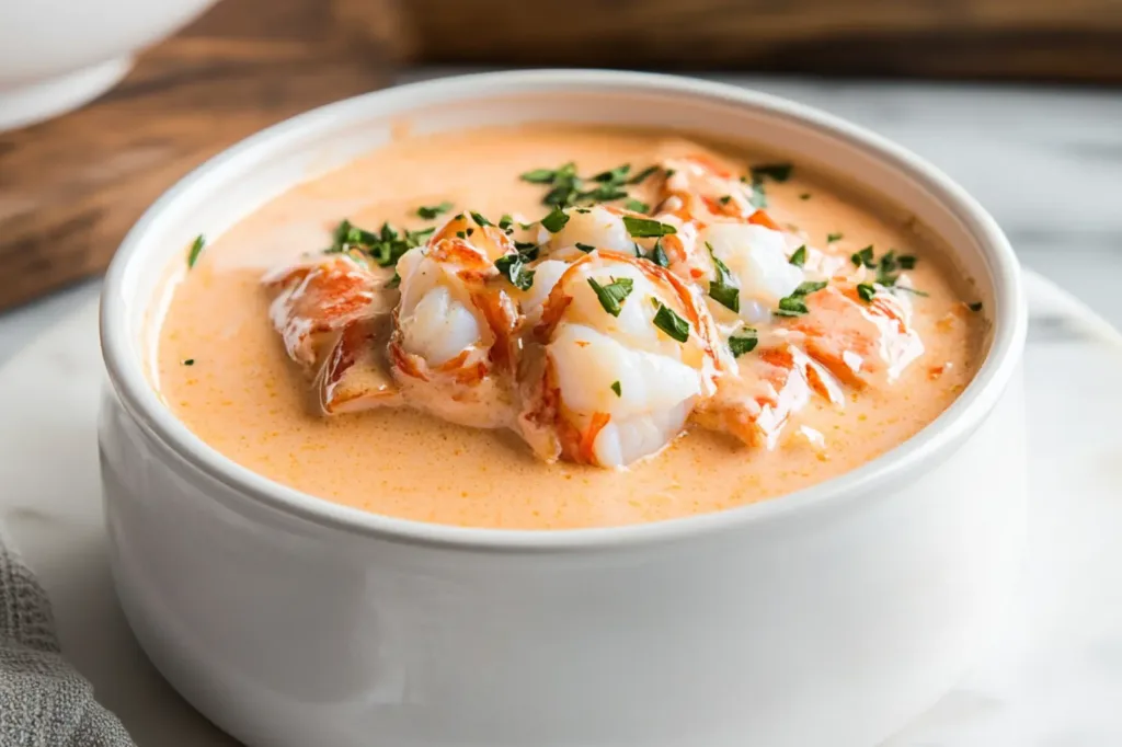 LOBSTER BISQUE RECIPE centered hero view, clean and uncluttered