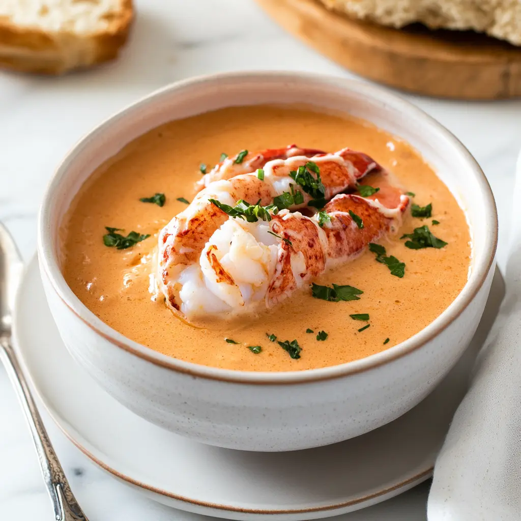 LOBSTER BISQUE RECIPE centered hero view, clean and uncluttered