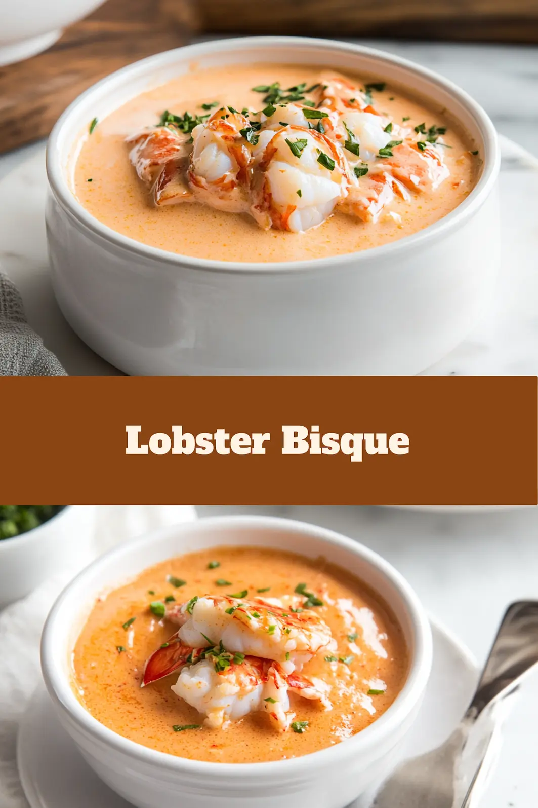 LOBSTER BISQUE RECIPE centered hero view, clean and uncluttered