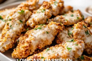 LOW CARB PARMESAN CHICKEN TENDERS AIR FRYER centered hero view, clean and uncluttered