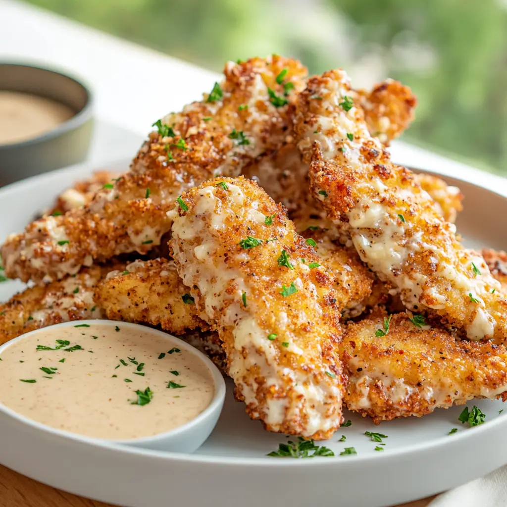 LOW CARB PARMESAN CHICKEN TENDERS AIR FRYER centered hero view, clean and uncluttered
