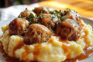 MEATBALL AND MASHED POTATO BAKE centered hero view, clean and uncluttered