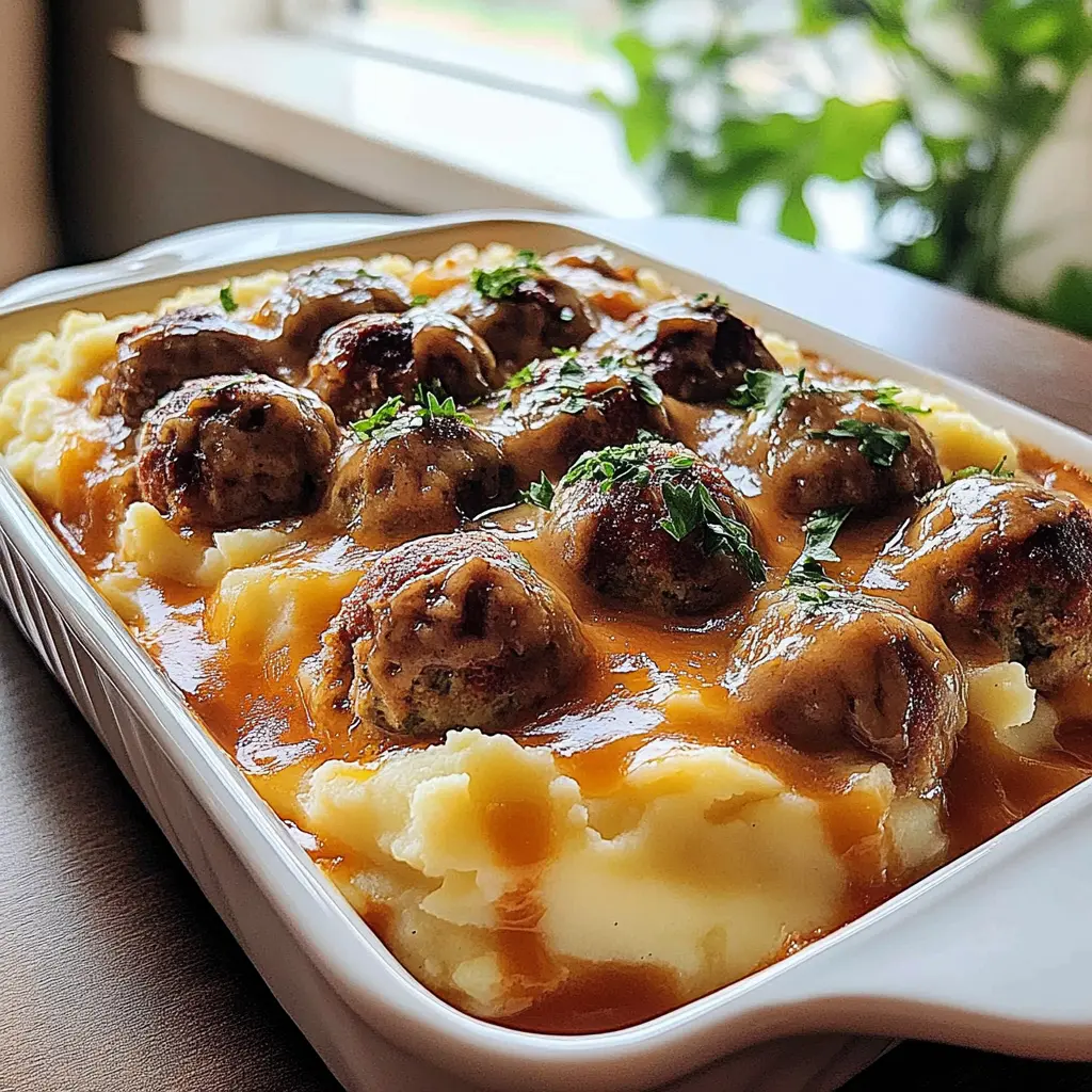 Meatball and Mashed Potato Bake with golden melted cheese and tender meatballs