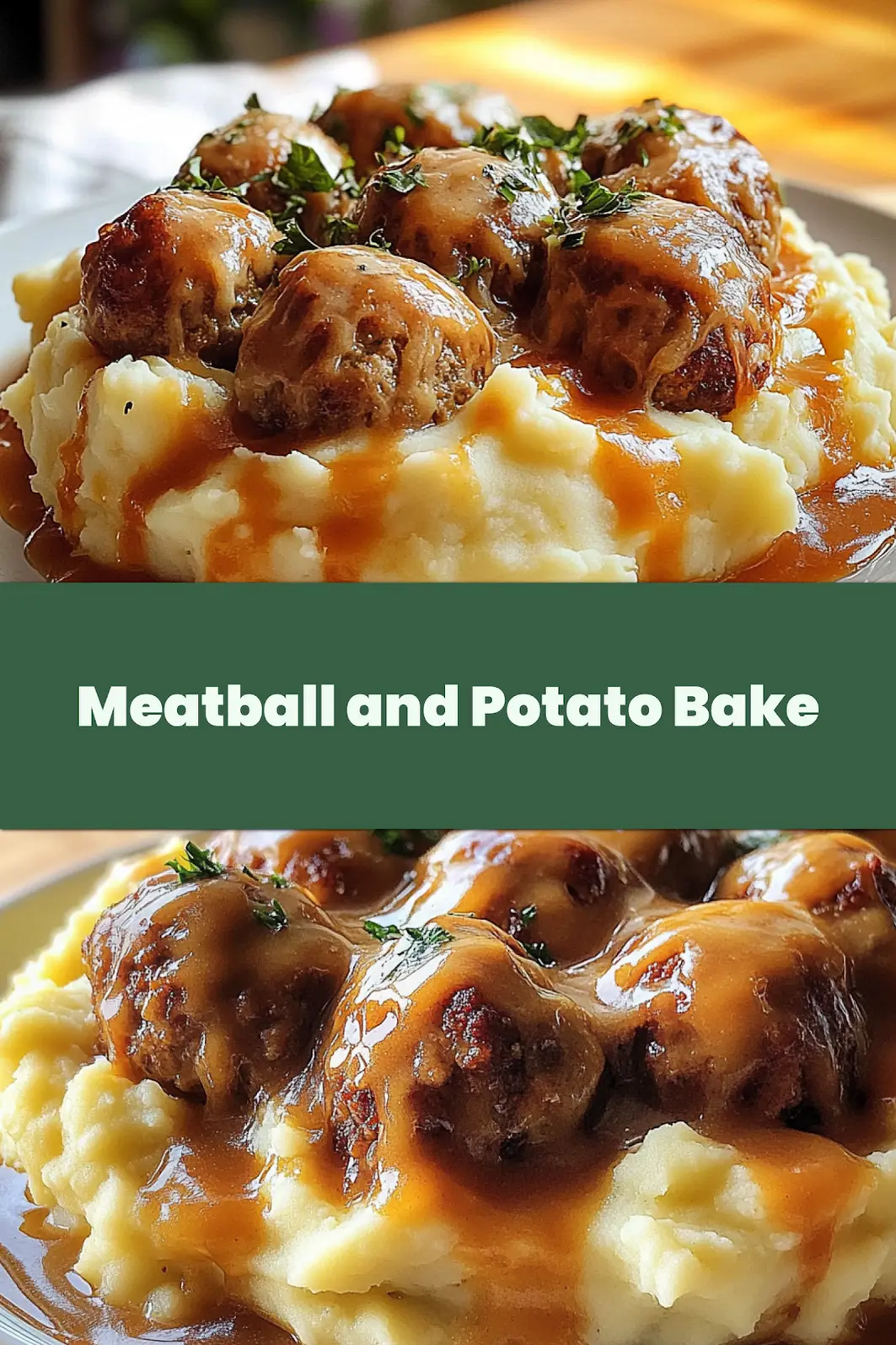 Meatball and Mashed Potato Bake with bubbly cheese topping ready to serve