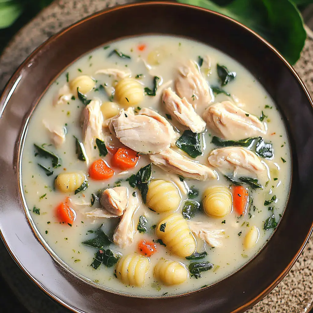 OLIVE GARDEN STYLE CHICKEN AND GNOCCHI SOUP centered hero view, clean and uncluttered