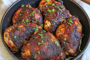 ONE PAN CHICKEN THIGHS 45 MINUTES centered hero view, clean and uncluttered