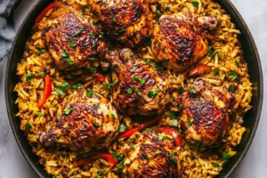 ONE PAN SPANISH CHICKEN AND RICE centered hero view, clean and uncluttered