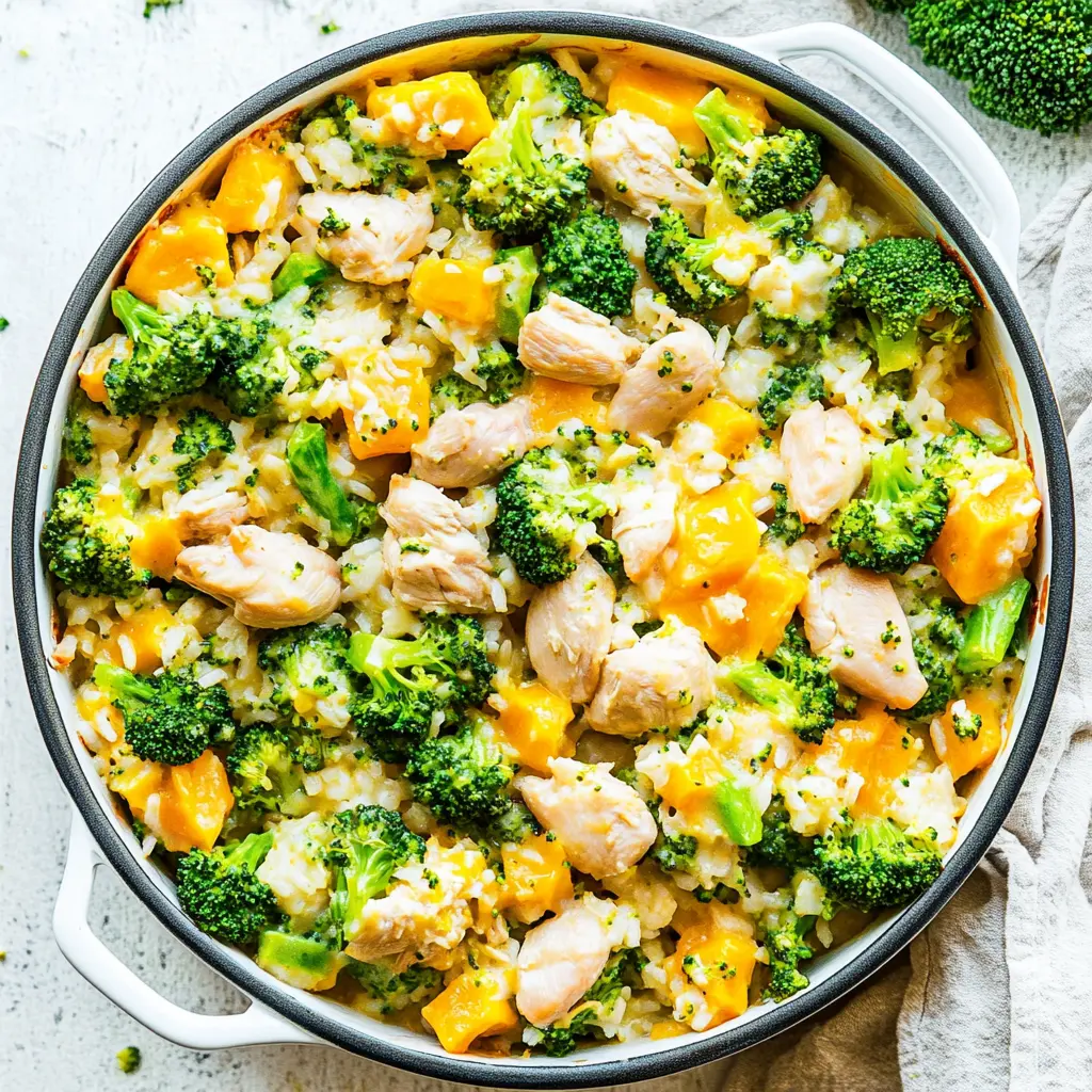 ONE POT CHICKEN BROCCOLI RICE CASSEROLE centered hero view, clean and uncluttered