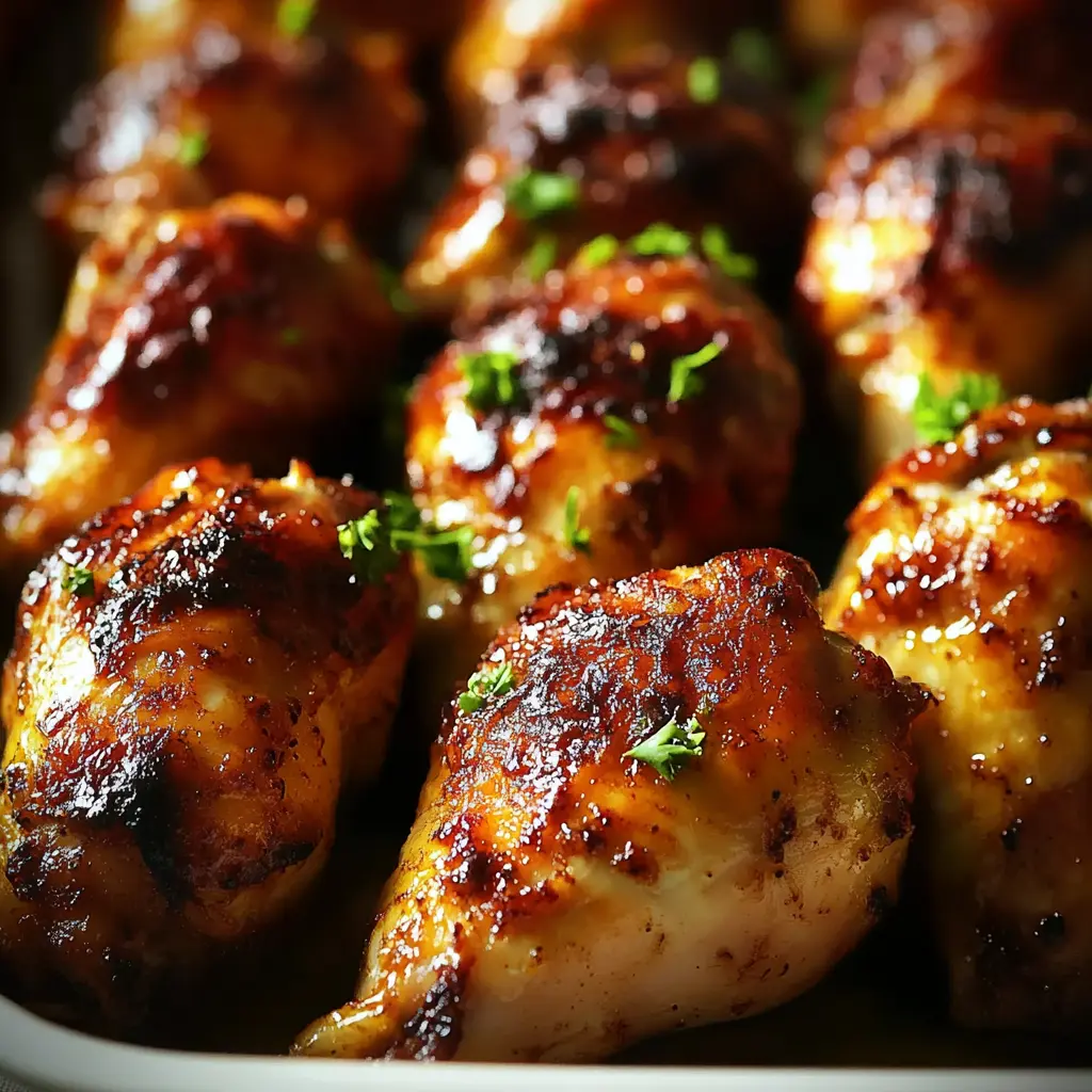 Golden brown oven baked chicken drumsticks with crispy skin on a white plate