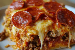PIZZA CASSEROLE LOW CARB centered hero view, clean and uncluttered