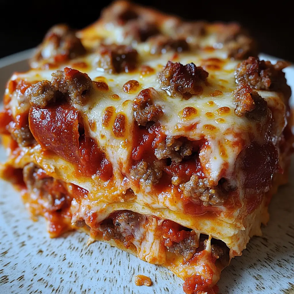 Pizza casserole low carb with melted cheese and pepperoni, centered hero view