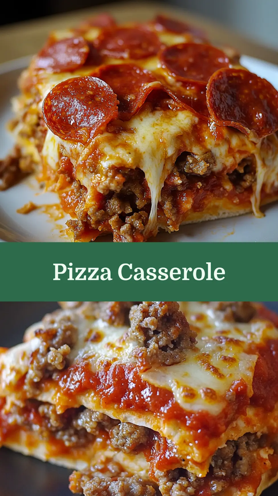 Low carb pizza casserole with golden melted cheese and pepperoni