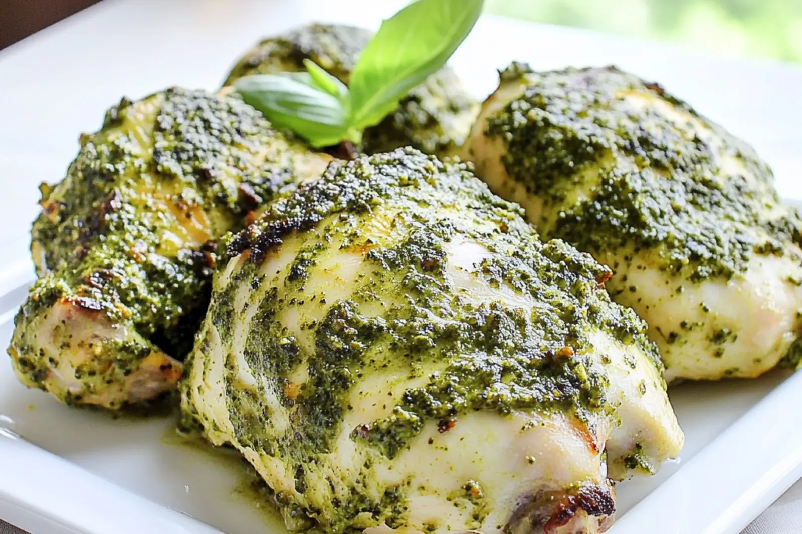 QUICK PREP BAKED PESTO CHICKEN centered hero view, clean and uncluttered