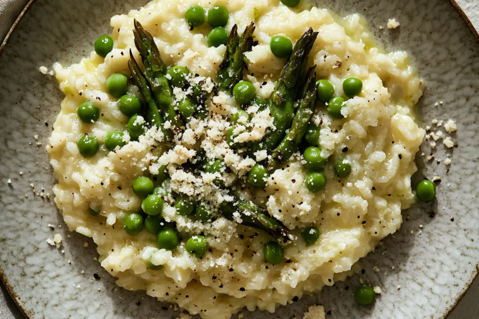 RISOTTO WITH ASPARAGUS AND PEAS centered hero view, clean and uncluttered