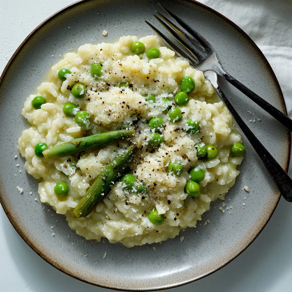 RISOTTO WITH ASPARAGUS AND PEAS centered hero view, clean and uncluttered