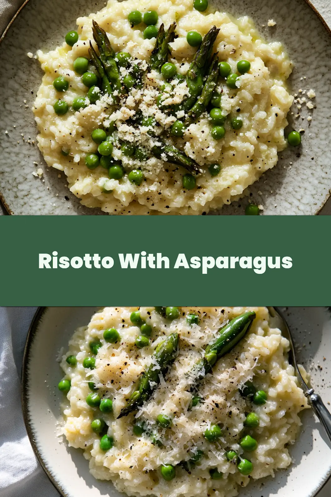 RISOTTO WITH ASPARAGUS AND PEAS centered hero view, clean and uncluttered