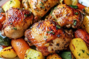 Roasted Garlic Chicken and Vegetables Easy Weeknight Dinner ROASTED GARLIC CHICKEN AND VEGETABLES centered hero view, clean and uncluttered