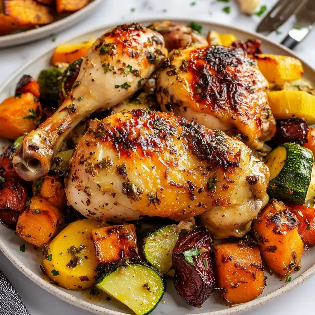 ROASTED GARLIC CHICKEN AND VEGETABLES centered hero view, clean and uncluttered