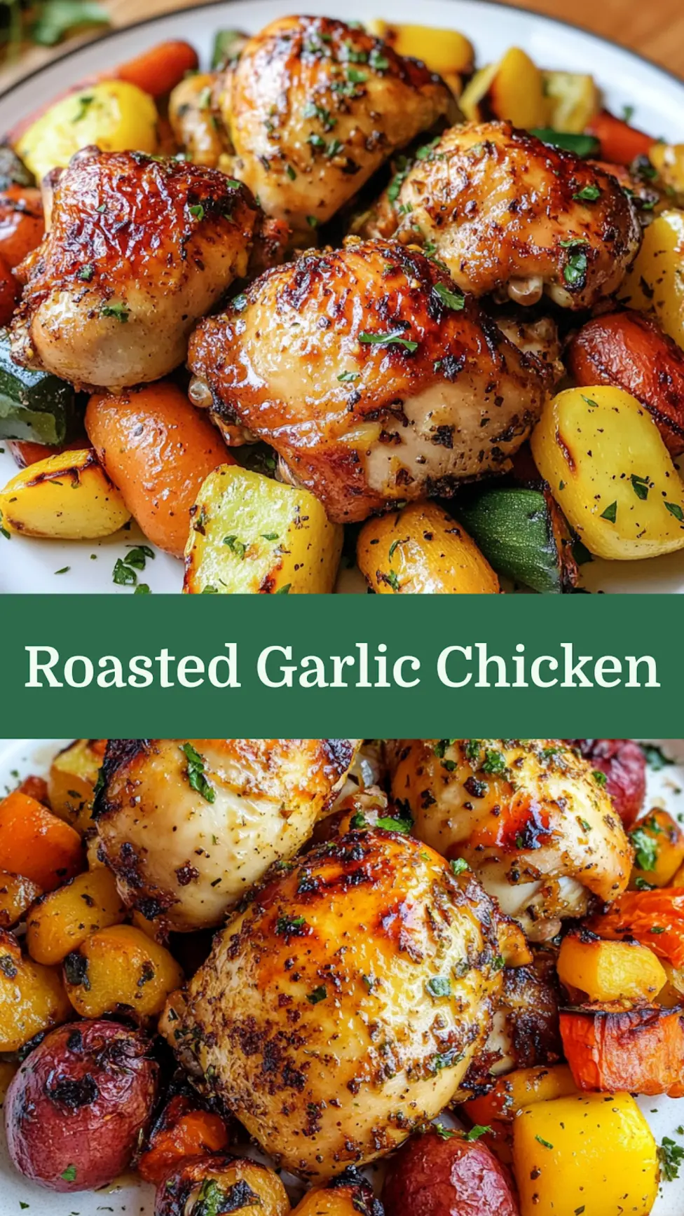 ROASTED GARLIC CHICKEN AND VEGETABLES centered hero view, clean and uncluttered