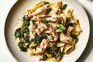 Rotisserie Chicken and Greens Pasta Easy Weeknight Dinner ROTISSERIE CHICKEN AND GREENS PASTA centered hero view, clean and uncluttered