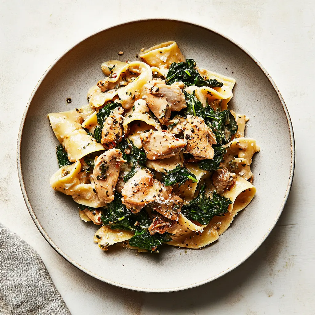 Rotisserie Chicken and Greens Pasta Easy Weeknight Dinner 3 ROTISSERIE CHICKEN AND GREENS PASTA centered hero view, clean and uncluttered