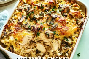 ROTISSERIE CHICKEN MUSHROOM AND RICE CASSEROLE centered hero view, clean and uncluttered