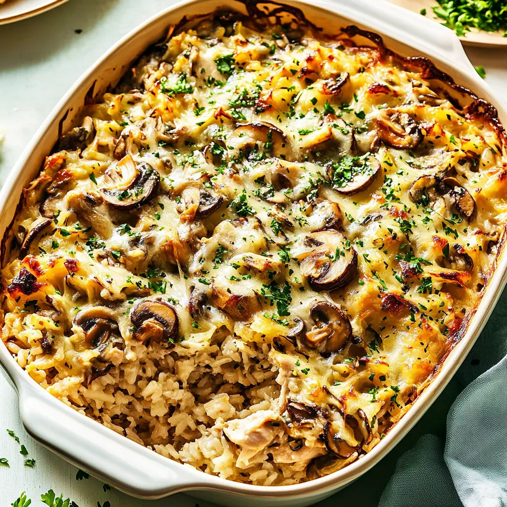 Rotisserie Chicken Mushroom and Rice Casserole in baking dish, golden cheese topping