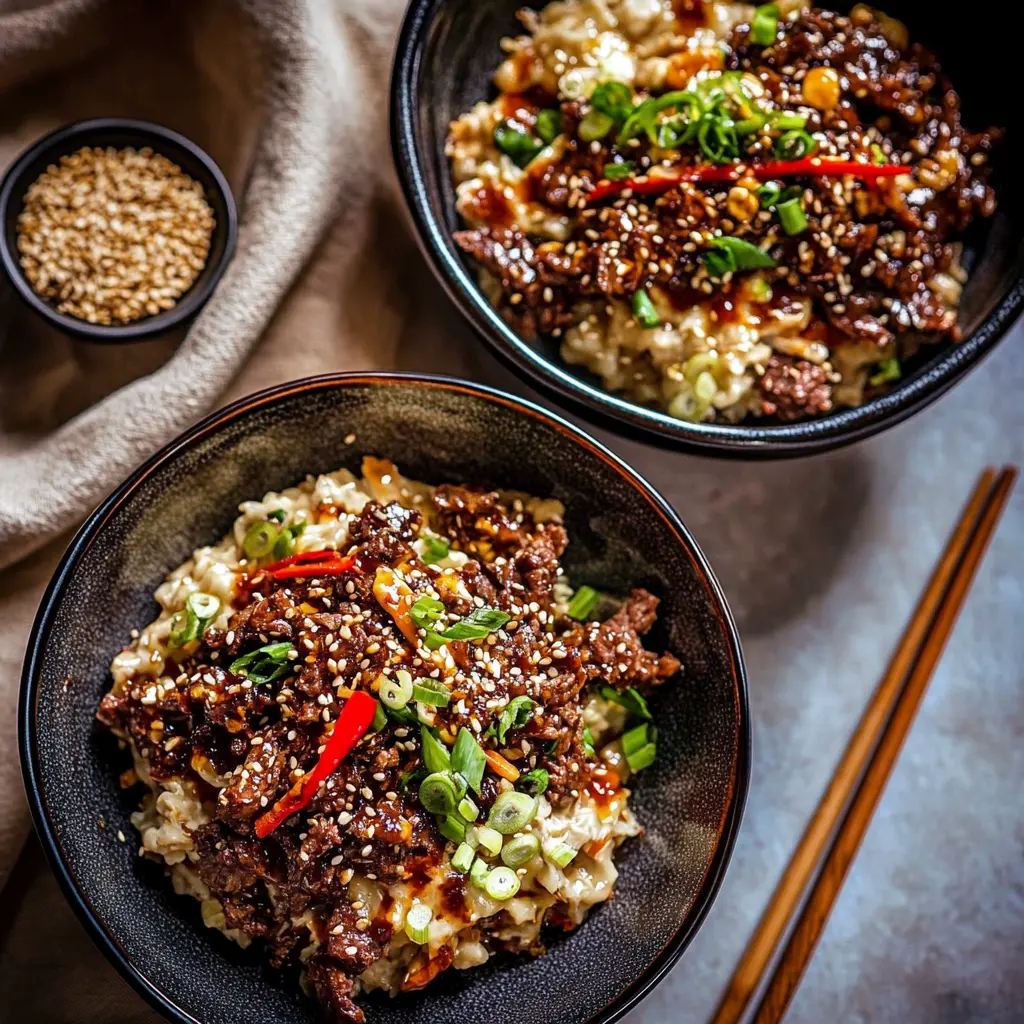 20 Minute Korean Gochujang Beef Bowls Easy Weeknight Dinner 2 20 MINUTE KOREAN GOCHUJANG BEEF BOWLS centered hero view, clean and uncluttered