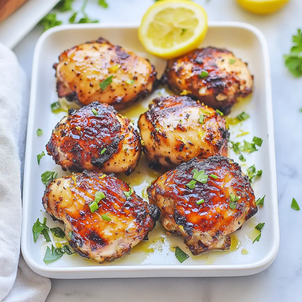 AIR FRYER LEMON GARLIC CHICKEN THIGHS centered hero view, clean and uncluttered