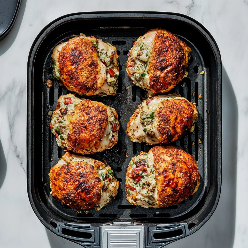 Air Fryer Stuffed Chicken Breasts Easy Weeknight Dinner 2 AIR FRYER STUFFED CHICKEN BREASTS centered hero view, clean and uncluttered