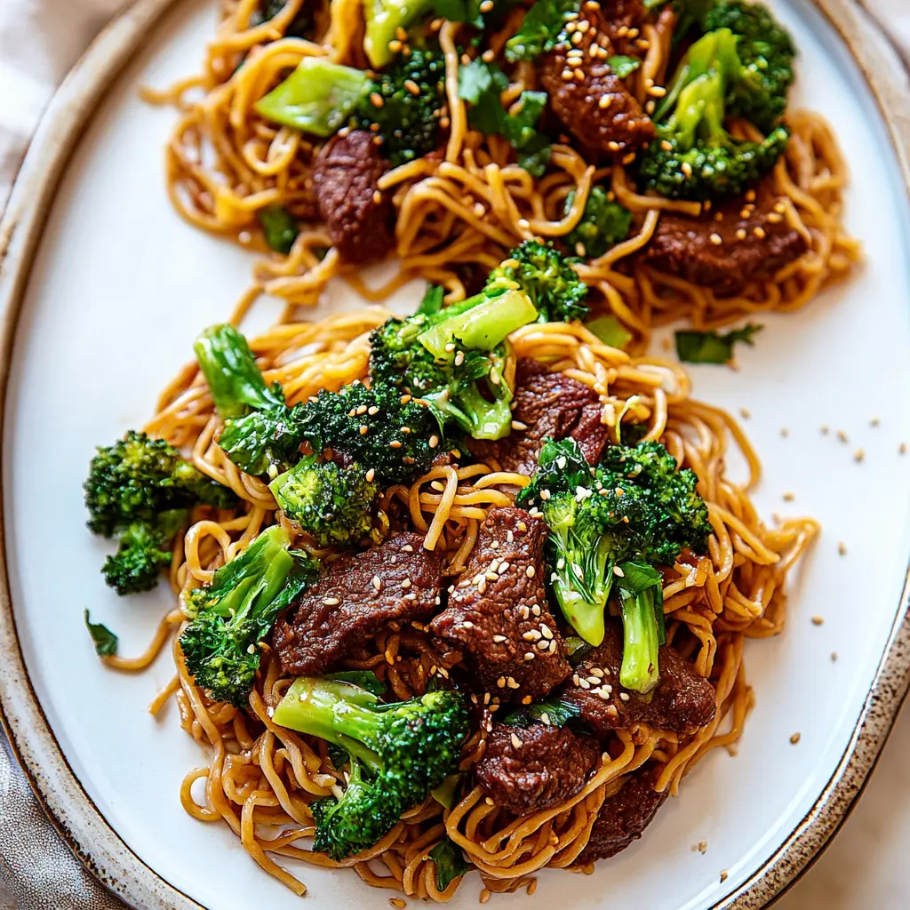 BEEF AND BROCCOLI LO MEIN NOODLES centered hero view, clean and uncluttered
