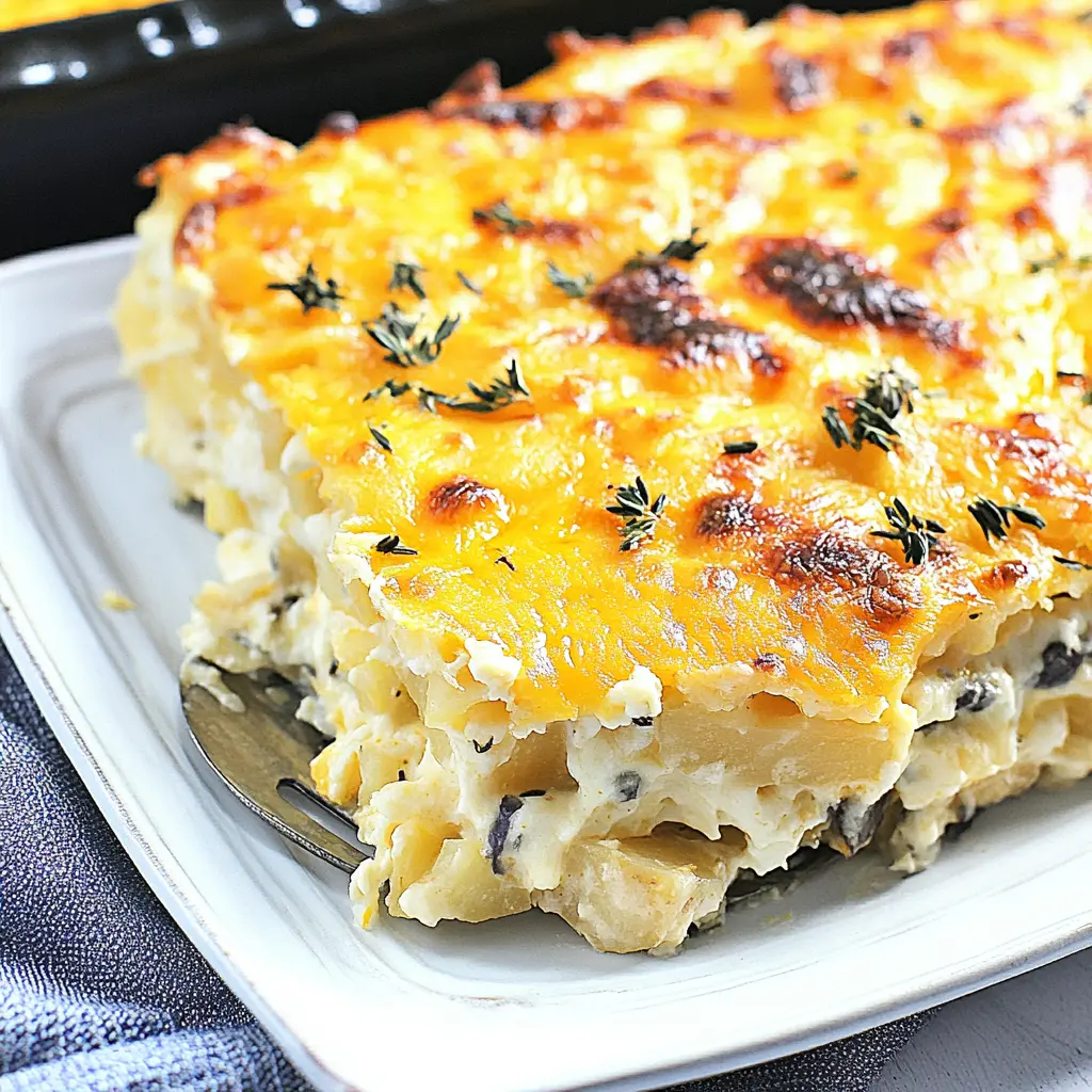 BEST CHEESY POTATO CASSEROLE centered hero view, clean and uncluttered