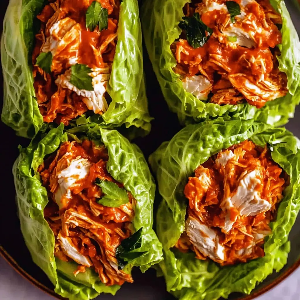 BUFFALO CHICKEN LETTUCE WRAPS centered hero view, clean and uncluttered
